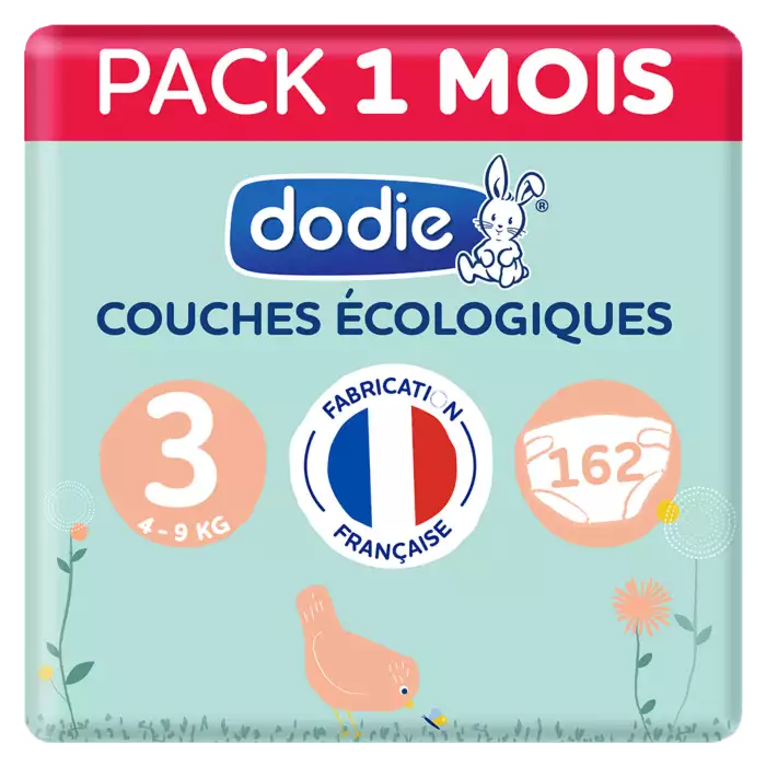 4 à 9kg Couches Ecologiques & Françaises Dodie Lot de 3x54 Taille 3 - Pack 1 mois 162 couches 